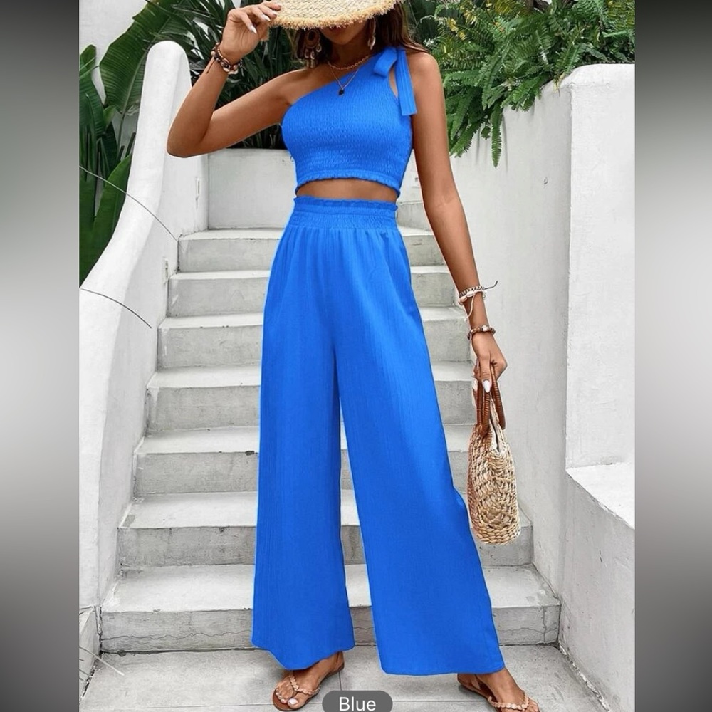 Blue One Shoulder Top Wide Leg Pants 2-piece